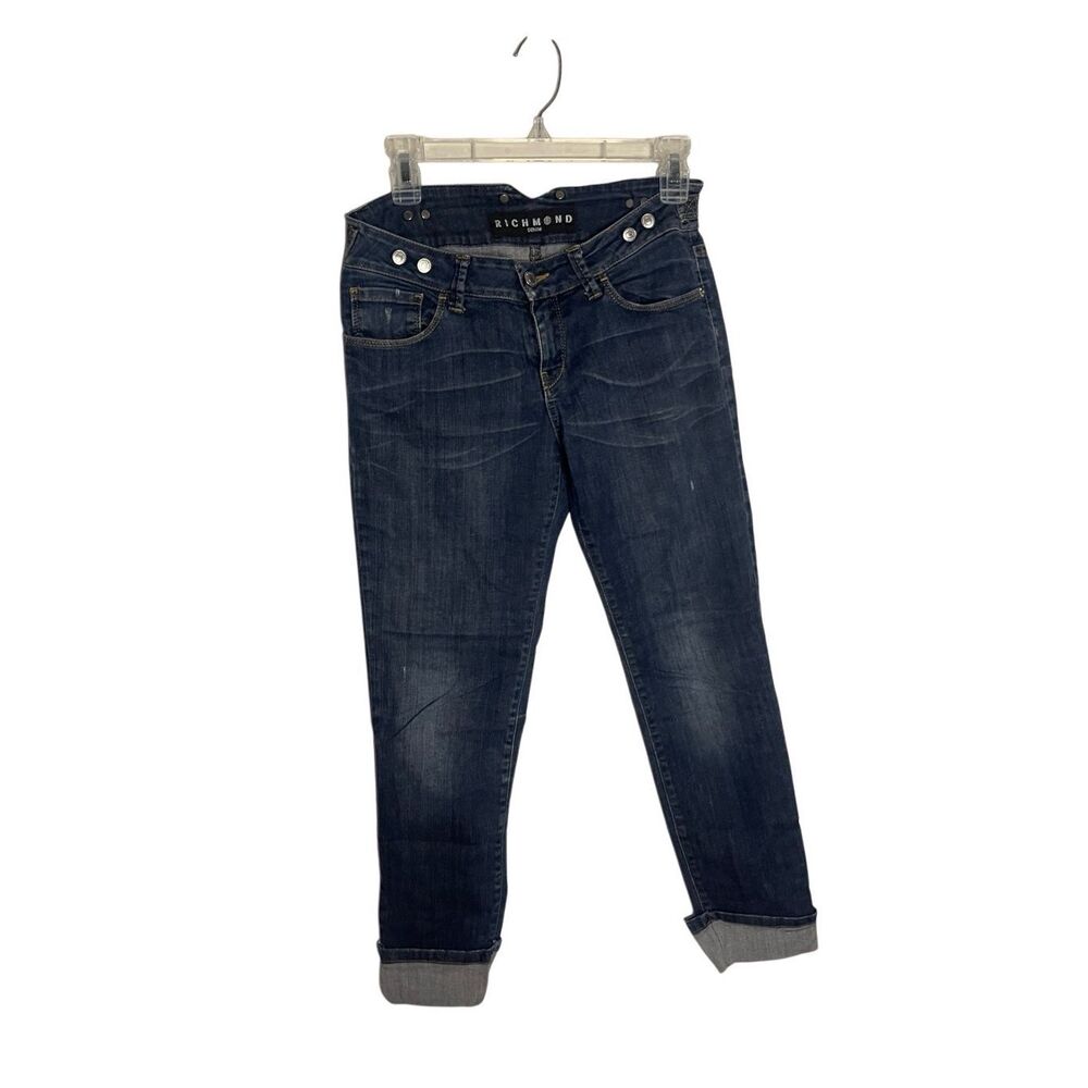 Richmond Denim Women's Mid-Rise Cuffed Crop Zip Fly Jeans Dark Wash Blue Sz 27
